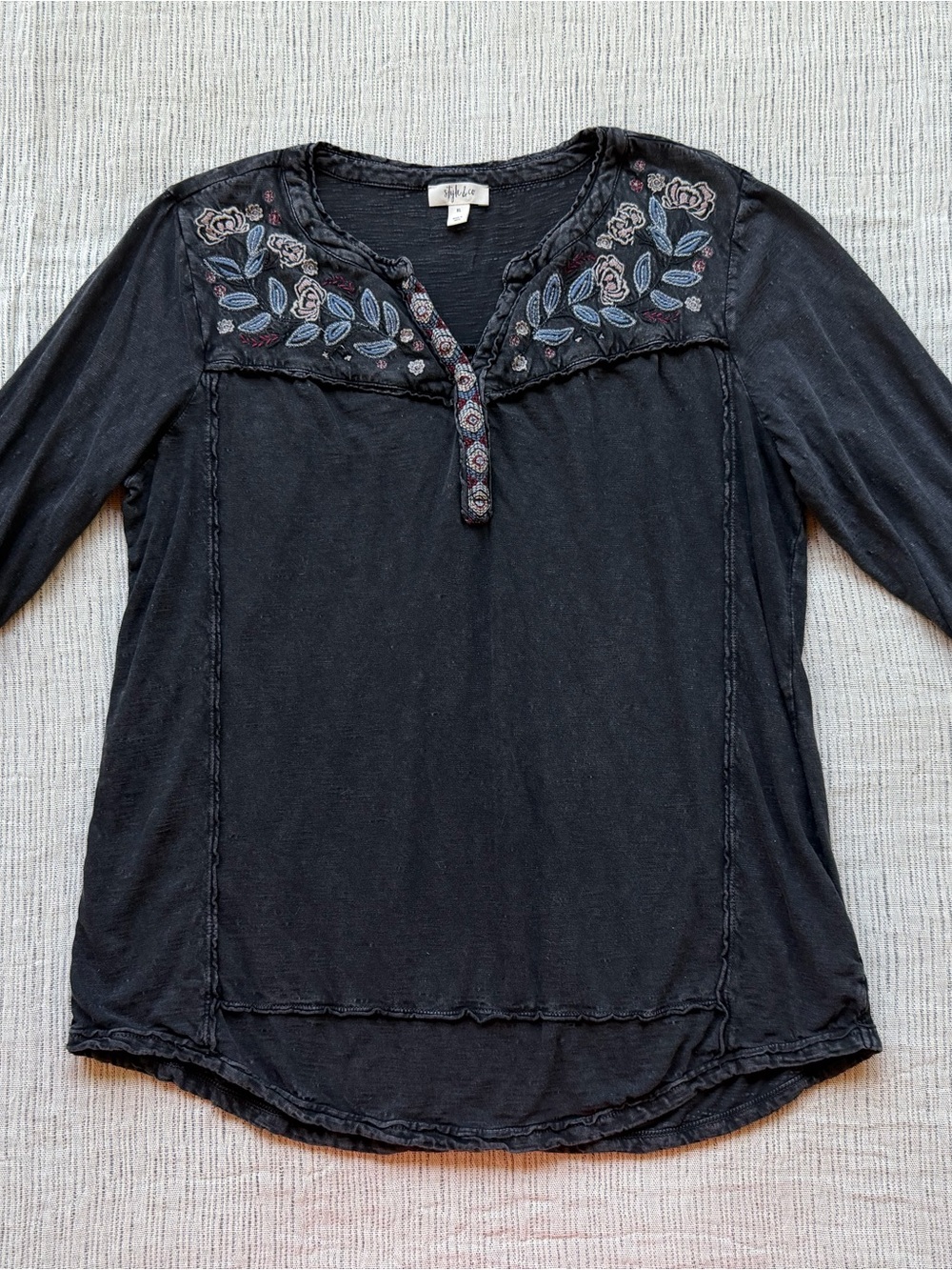 Style & Co. Black Long-Sleeve Henley with Floral Embroidery